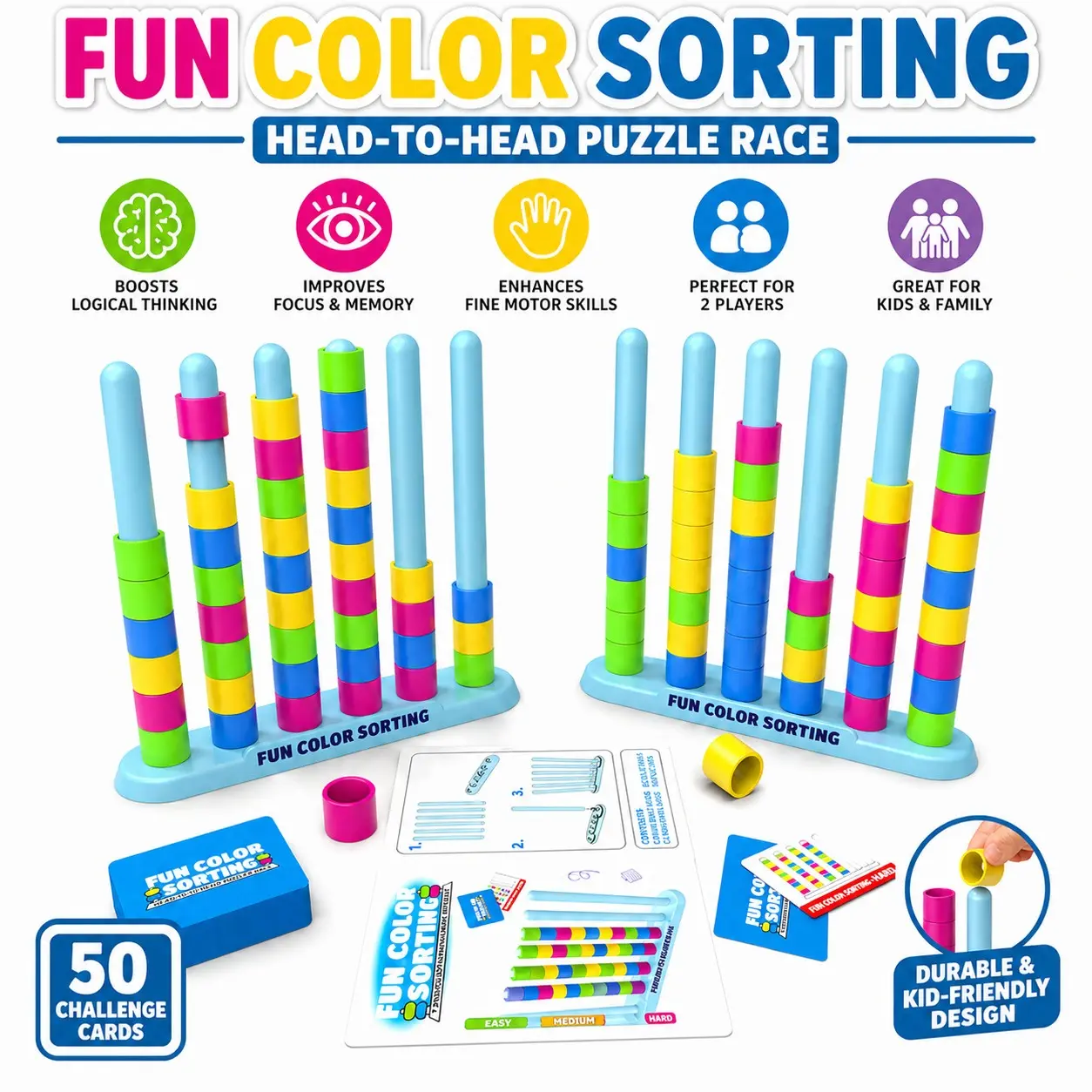 Educational Toy, Color Sorting Ring Game, Stem Early Learning, Fine Motor Skills, Focus and Logic Training, Desktop Interactive Toy, Gift for Boys and Girls, Ages 3-8, 50 Challenge Cards