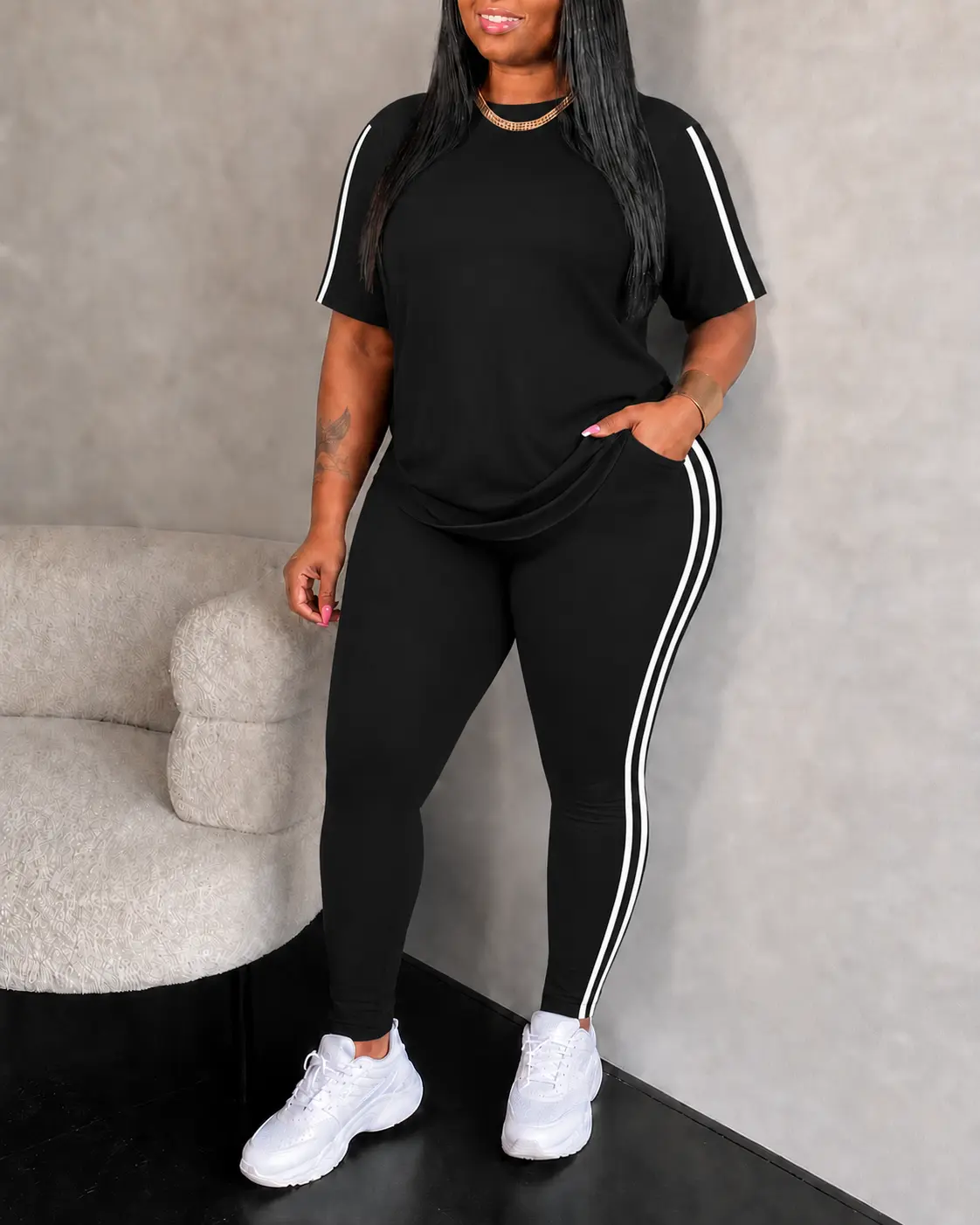 Women's 2-Piece Athleisure Workout Set - Striped-Edge Short Sleeve Round-Neck Pullover, Slim Fitting Polyester Blend Pants, All-Season Sporty 2-Piece Athleisure Clothes, Women's Clothes, Woman 2 Piece Set