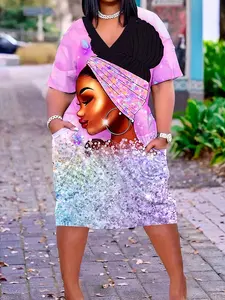 Plus Size Style Casual Short Sleeve Dress, Spring Summer Women Cartoon Portrait Print V Neck Elastic Dress with Pockets