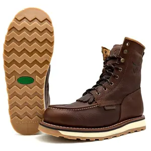 Fuerbo Premium Handcrafted Lacer Moc Toe Leather Work Boots Dual Density Goodyear Welt Sole Anti-Fatigue Oil & Slip Resistant L-50 Brown Mid-Calf Lace Up Men Footwear Comfort Walking Shoes Boy Botas