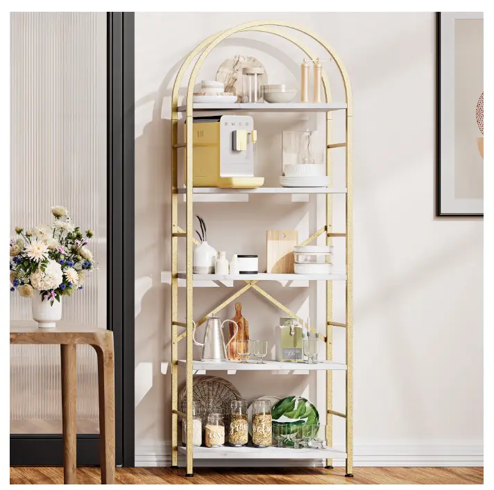 Walsunny 5-Tier Arched Bookshelf Industrial Open Storage Shelf, Display Bookshelves with Metal Frame, Rustic Wood Tall Bookcase for Living Room, Home Office, Gold