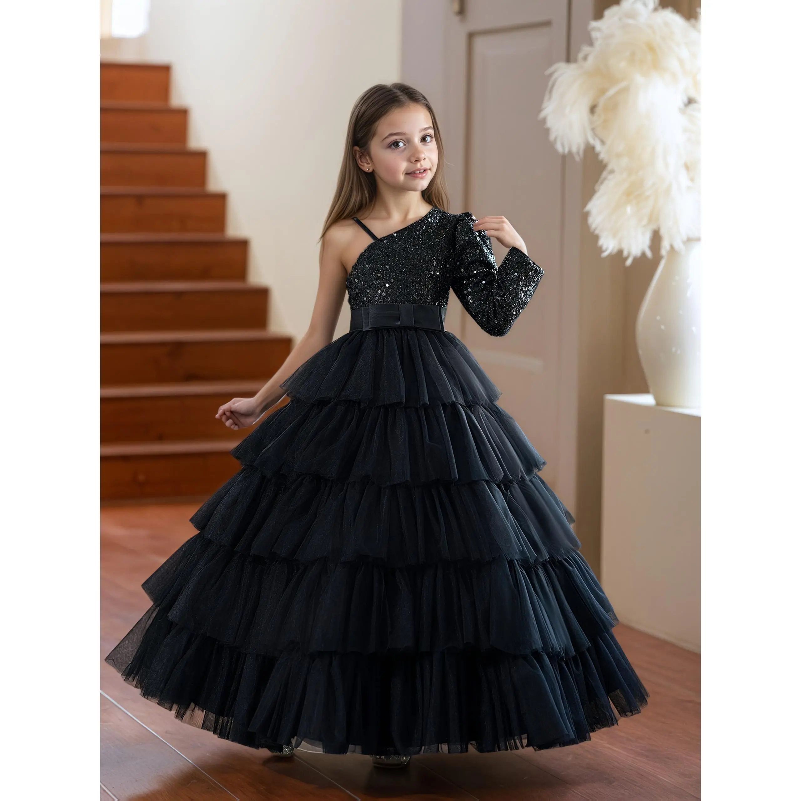 Girls' Elegant Sequin Party Dress , Sleeveless A-Line Long Formal Gown with  Ruffled Hem & Mesh Back , Birthdays Weddings Christmas Halloween Occasions  , Machine Washable , Black , Kids' Dress - TikTok Shop