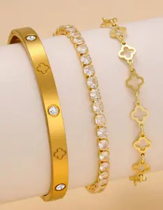 Shiny Elegant Luxury Fashion 4-Leaf Clover Shaped Zirconia Stainless Steel Bracelet & Bangle Set For Women, Suitable For Daily Wear And As Gifts