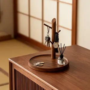 Wooden Desktop Storage Tray with 45° Vertical Hooks, Multifunctional Key Holder, Desk Organizer for Jewelry, Cosmetics, Wallet, Home Decor, Desk Tidy