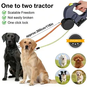 3-Meter Dual Dog Leash — A retractable leash designed specifically for two small dogs, featuring an anti-tangle mechanism, a built-in LED light, and a waste bag dispenser. It boasts reflective elements, supports hands-free operation, and is ideal for walk