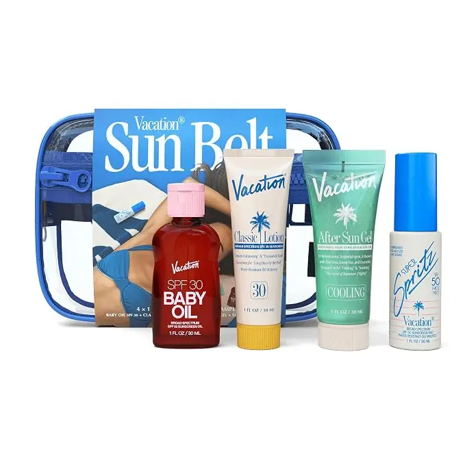 Vacation® Sun Belt Sampler | Mini Travel Set, Includes Baby Oil SPF 30, Super Spritz SPF 50, Classic Lotion SPF 30, After Sun Aloe Vera Gel, Travel Sunscreen Kit