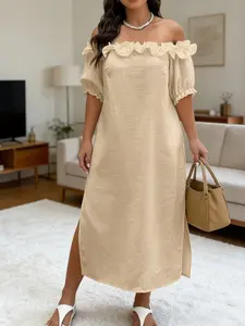Chic One-Shoulder Ruffled Dress Womenswear, Loose-Fit Side Slit Cotton Linen Midi, Perfect for Casual & Formal Occasions, Ideal Gift for Her