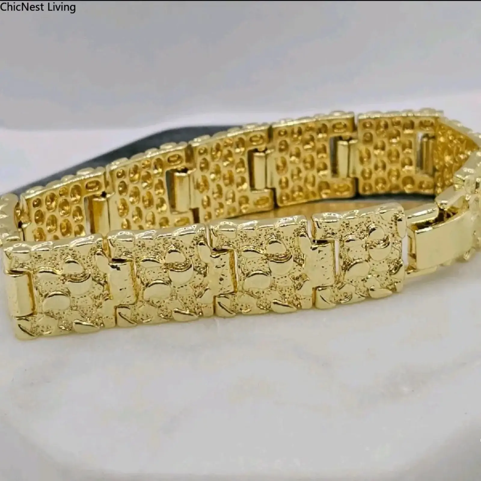 Nugget-Shape Gold-Plated Stainless Steel Bracelet - 15mm, 7in, 8in, Tarnish Free, No Fade, Men's Accessories, Guys Gifts, Fashion Costume Jewelry Accessories (Note: Avoid Long Showers),summerwins,summeroutfits,vacationoutfits,beachoutfits