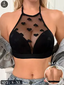 Women's Heart Print Mesh Chic Halter Neck Fit Bralette S-XL Backless Wire-Free Bra