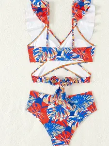 Women'S Floral Print V-Neck Bikini Set, High Stretch Polyester & Elastane, Sleeveless Swimwear with Frill Detail, 210gsm Knit Fabric, 125gsm Lining, European Fashion Swimwear