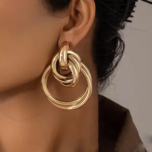 Bohemian Multi Layer Round Stud Earrings Vintage Geometric Hoop Interlocking Earrings Delicate Long Drop Dangle Earrings for Women and Girls (Silver A)