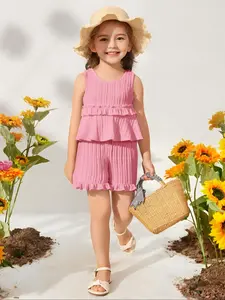 Toddler Girl's Striped Print Ruffle Trim Romper & Shorts Set, Casual Cute Two-piece Outfits for Summer, Kids Clothes for Daily Wear, Baby Clothing, Essentials Set