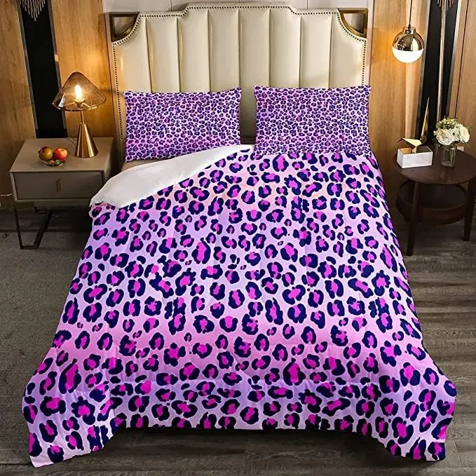Feelyou Soft Microfibre All-Seasons Duvet Set - King/Queen Sizes, Breathable Artistic Pink-Purple Leopard Print Animal Comforter, Included Pillowcase, Machine-Washable Kids Rooms Cozy Setup Snug as a Bug in a Rug Bedding Essential