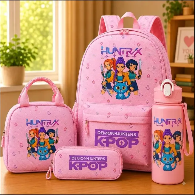 KPop Demon Hunters 4Pcs Backpack Set - HUNTR/X Action Stance Graphic Bookbag with Blue Cat Mascot, Lunch Bag, Pencil Case & Water Bottle - Pink Floral Set for Teens & Students