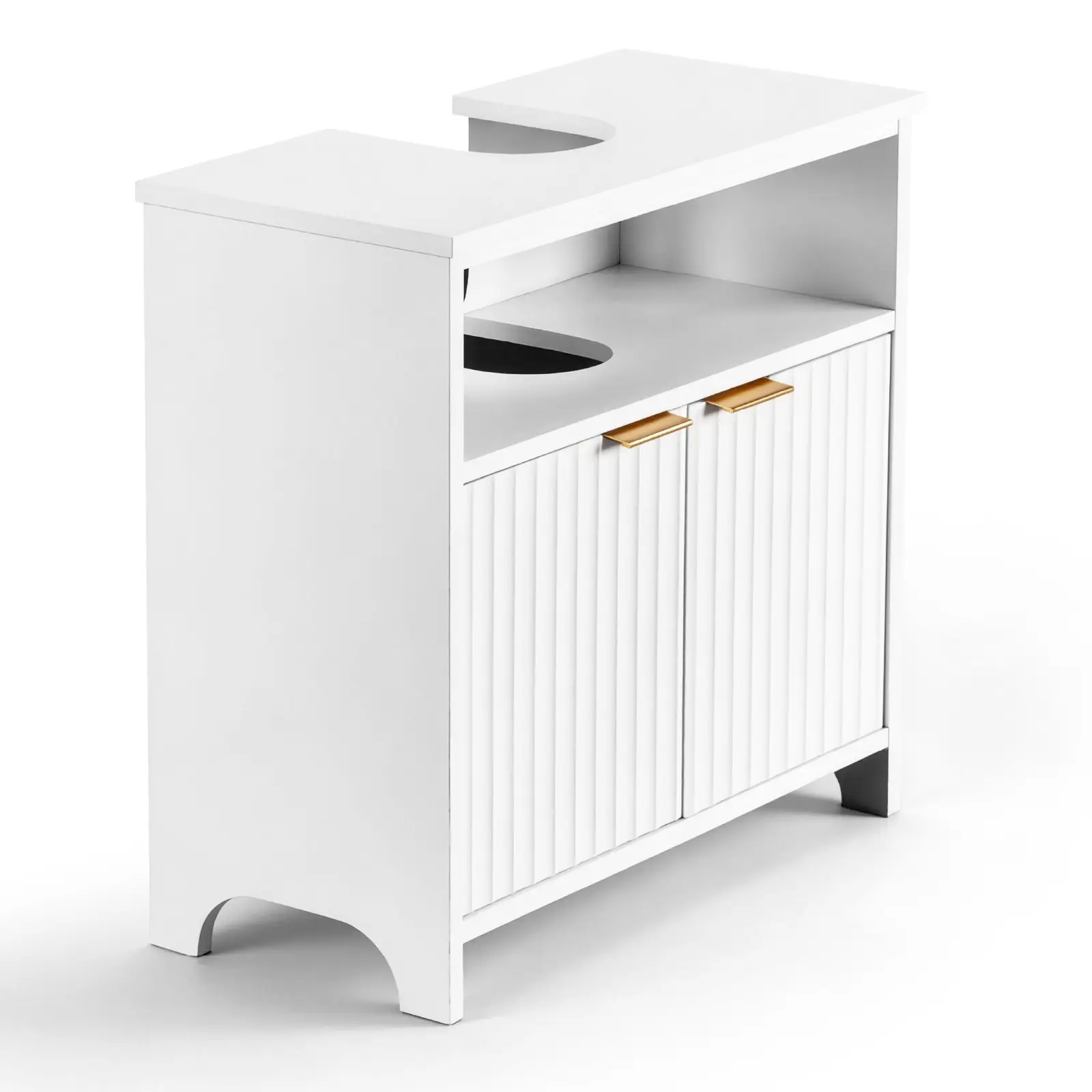 Freestanding Bathroom Vanity Unit Without Sink, White Particleboard Cabinet With Melamine Veneer, Fluted Thermoformed Cabinet Doors, Open Storage Compartment And Metal Handles For Bathroom Organization