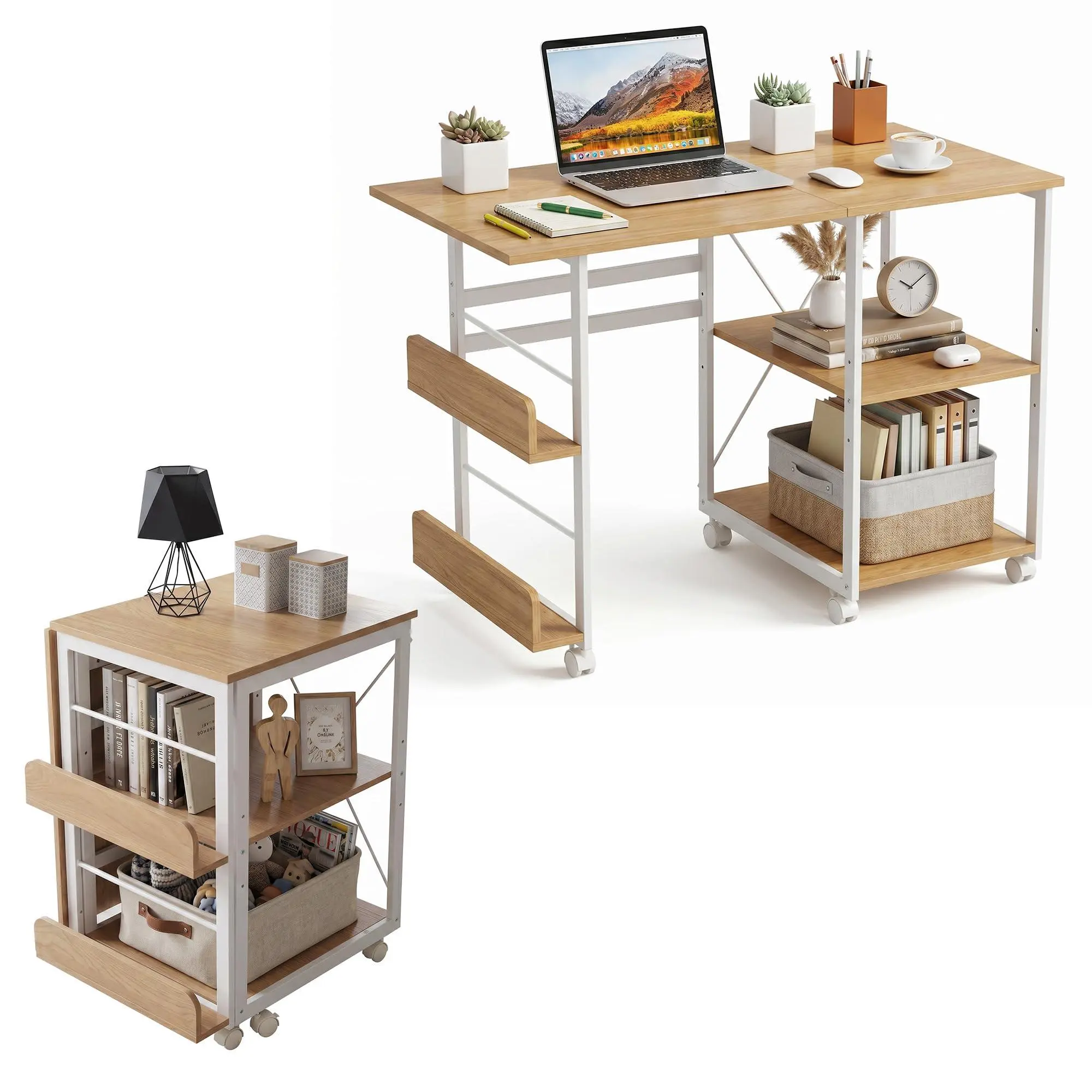 GAOMON 40.94"D x 21.65"W x 27.56"H  Folding Desk with Wheels, 41" Foldable Computer Desk with Storage Shelf