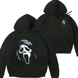 Scream Movie Ghost Face Swoosh Sweatshirt, 2 Side Scream Mask Graphic Tee ,Hoodie,Men's Double-Sided Printed Casual, Fall Tee, Iconic Horror Movie Mask Design Tee, Halloween Casual Sweatshirt Hooded Outfiter Gift For Best Friend HusBand Wife