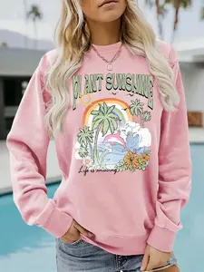 Women's Casual Round Neck Long Sleeve Fitted Sweatshirt, Plant Sunshine Dolphin Coconut Tree Rainbow Graphic Pattern, All-Season Fashion Top, Comfort Wear