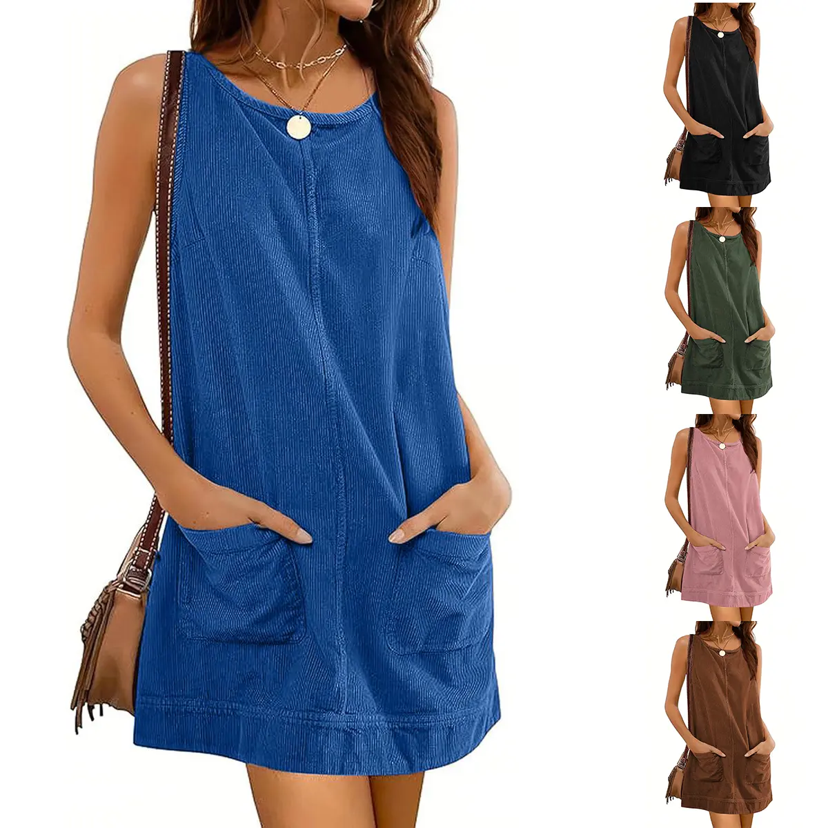 JovenPara Women's Corduroy Sleeveless Overall Dress - Casual Wear, Minimalist Basic Round Neck A-Line Mini Jumper with Pockets, Women's Clothes, Boat Neck, Above Knee, Lady, 70%Cotton、30%Polyester, Elegant, Low-Cut, Scoop Neck