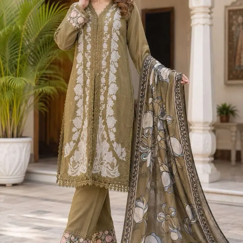 4XL-46/48 in olive green Pure Viscous Reyon With Aari Work Embroidery Less Work Boutique Dori Dabka Work