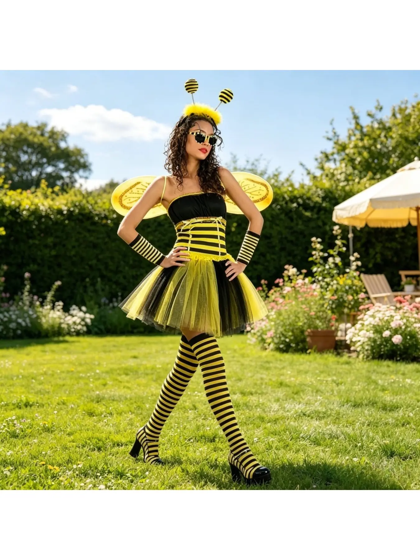 2026 Halloween Adult Bee Festival Costume Set Women Cosplay Outfit with Wings Cape Headband Glasses for Party