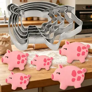 5-Piece Large Pig Shape Cookie Cutter Set, 430 Stainless Steel, Rustproof & Durable, Nestable Storage, Cute Animal Design, DIY Baking Tools