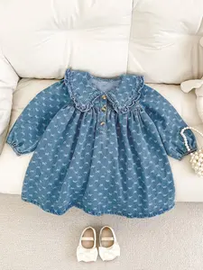 New Spring Autumn Baby Girls Bowknot Jacquard Denim Dress, Cute Long Sleeve A-Line Skirt, Casual Kids Clothing for Toddlers, Toddler Outfit