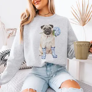 Floral Pug T-Shirt / Sweatshirt / Hoodie , Pug Toile shirt , Chinoiserie Pug Lover Gift, Coquette Pug Teacher , Dog Mom Mothers Day Cotton Fabric