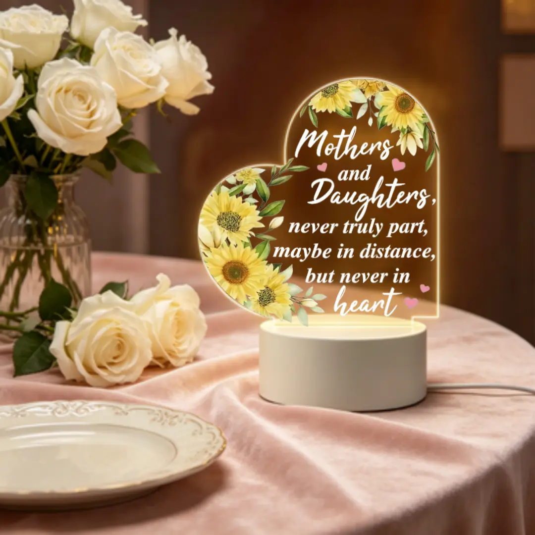 Unisex Heart-Shaped Sunflower-Engraved LED Night Light with "Never Truly Part" Message, USB-DC Power Supply, Warm Lighting, Birthday/Mother's Day Gift to Light Up Your Space, Indoor Bedroom Decor