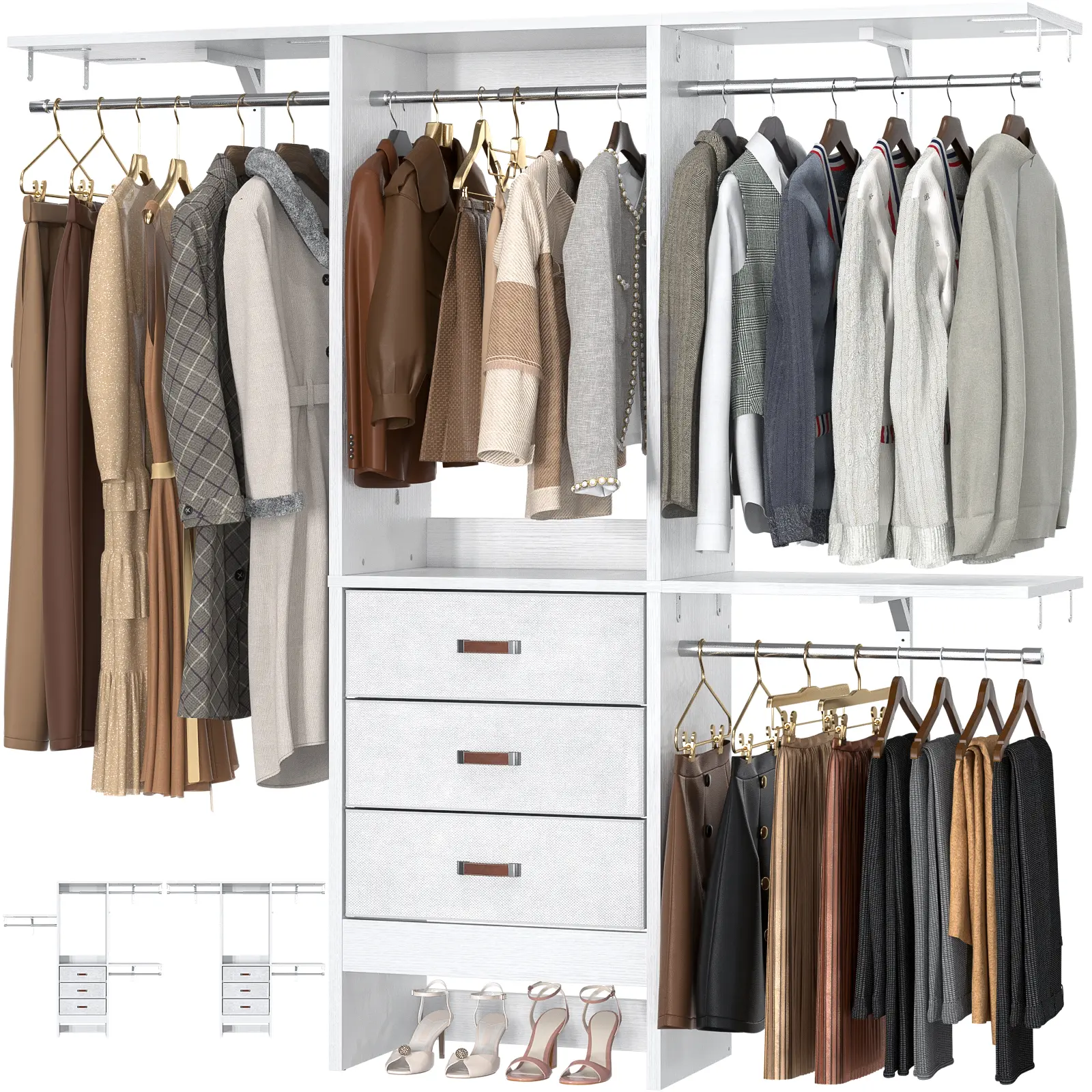Closet System Wood 59"W Closet Organizer Walk-in Closet Adjustable with 3 Fabric Drawers 4 Hanging Rods