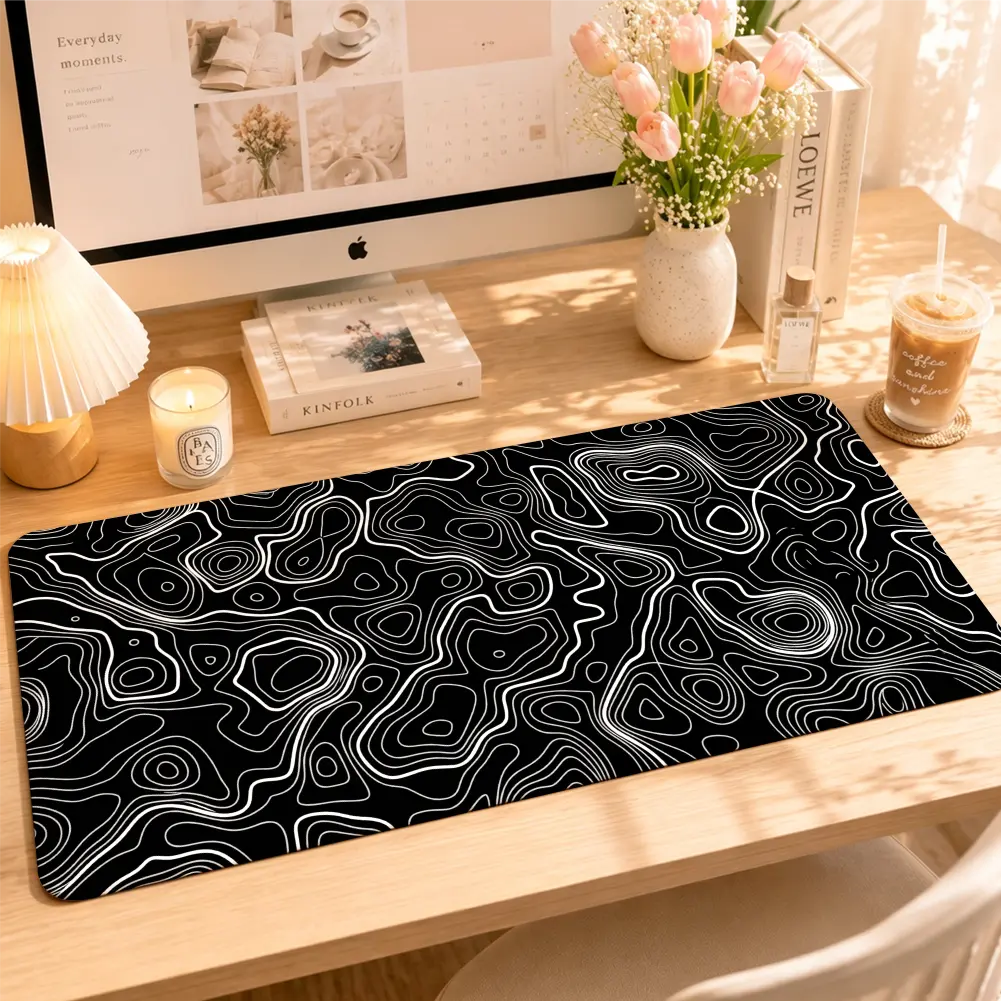 Extended Topographic Map Desk Mat - Black Contour Line, Natural Rubber Non-Slip Base, Fabric Surface, 12 × 24 In Keyboard-Compatible Mouse Pad for Office, Gaming