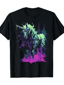 Women's Fashion Zombie Unicorn Pattern T-Shirt- 100% Retro Neon Green And Pink Drip Paint Design, Black Crew Neck Short Sleeve T-Shirt, Suitable for Casual Wear, Halloween Parties, Theme Events And Daily Outfits