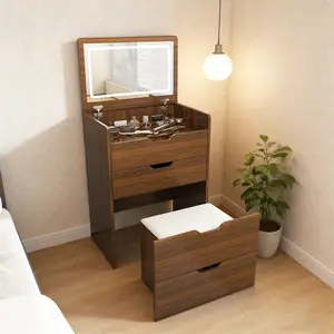 3-in-1 Vanity Desk with Lighted Mirror & Stool, Flip Top Makeup Table, Compact Storage Unit for Bedroom, Bathroom & Dressing Room