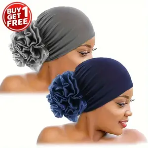 Elegant 2pcs/set Boho Turban Hats - Elastic Beanies with Flower Head Wraps for Women Daily Use Ramadan Chemo Cap