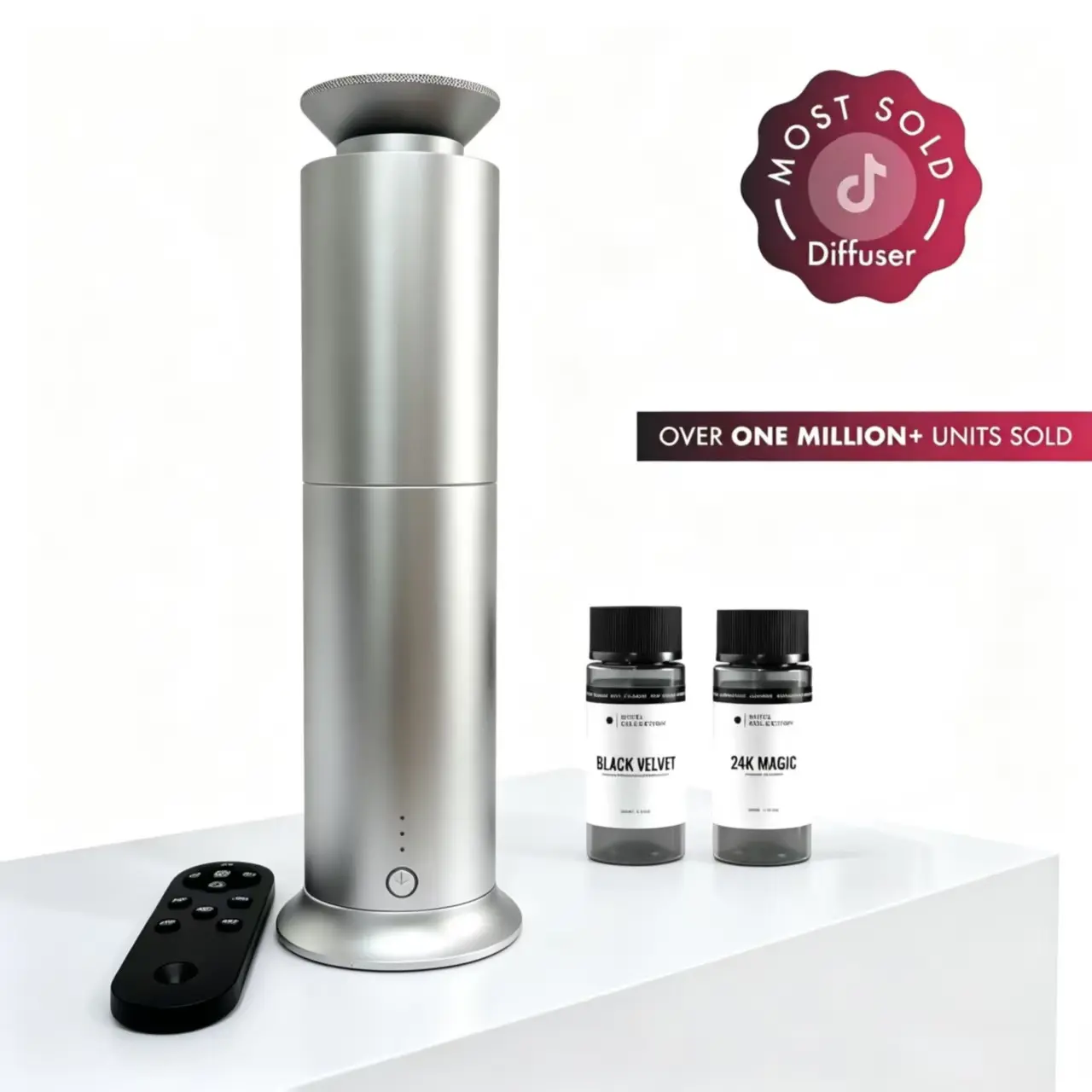 Essential Aroma Freshener Diffuser - 600 sq ft Coverage, Remote Control, Ambient Mood Light, 3 Mist Levels, Timer - Includes 2x20mL Fragrance Oils