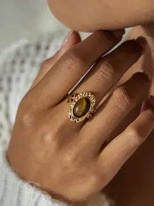 Ladies Ring Oval Tiger s Eye Hammer Patterned Stainless Steel 18k Gold Plated Waterproof Anti Allergy Retro Natural Inspiration Stackable Ring Jewelry Party And Banquet Accessories Natural Gemstone Ring