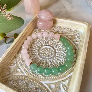 Natural Rose Quartz & Green Jade Bracelet, Boho Handmade Love & Luck Bracelet Mala Yoga Jewelry for Women Gift