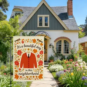 Mr Rogers Inspirational Garden Flag, Cozy Autumn Design with Cardigan, Roses, and Fall Leaves, Perfect for Porch, Yard, or Community Decor