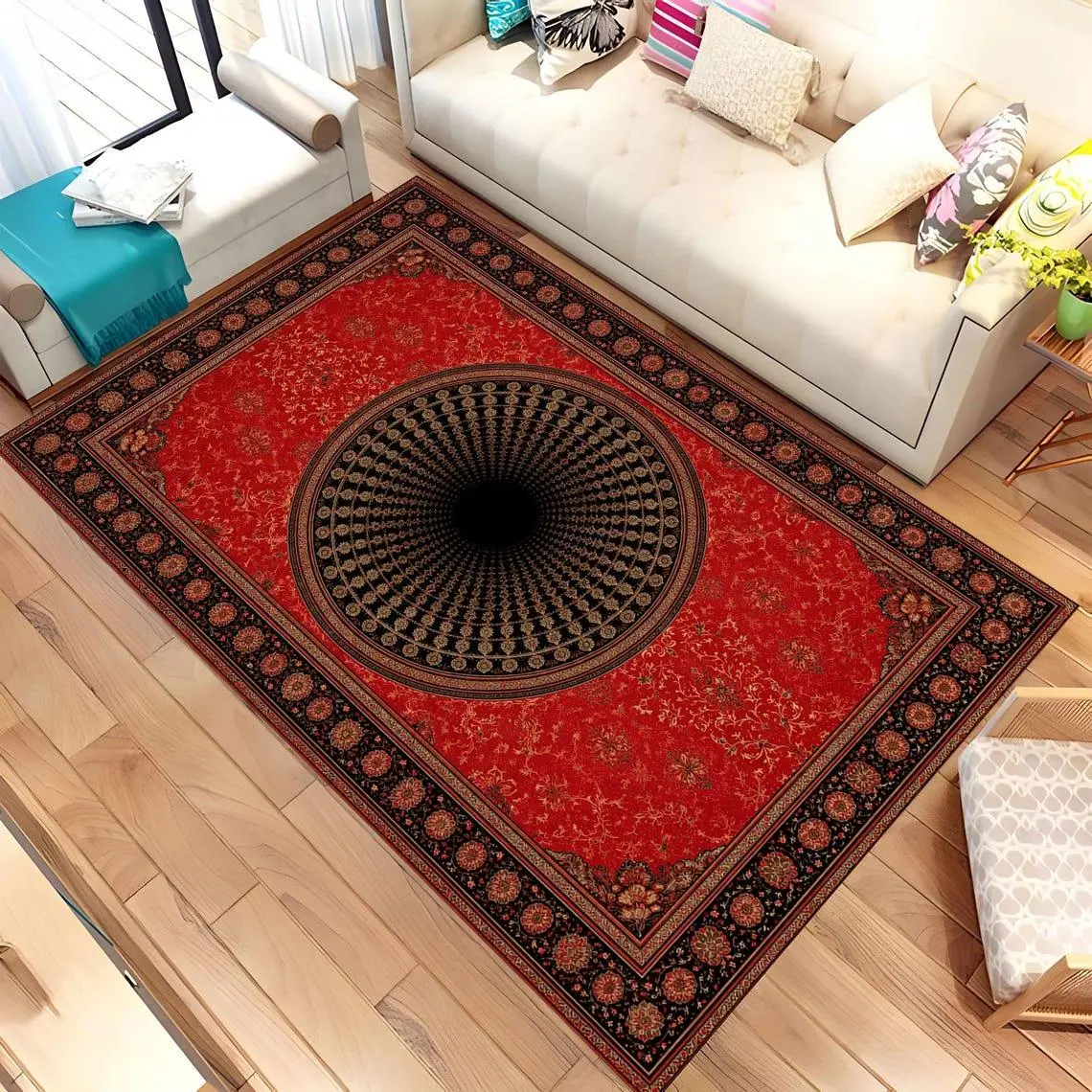 Red Boho Area Rug, Oriental Medallion Rug, Vintage Turkish Carpet, Geometric Mandala Rug, Boho Living Room Decor Rug 86