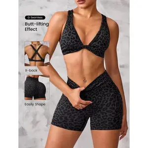 Sport 2pcs Leopard Print Twist-Knot Bra And Shorts Sports Set Workout Women Sets