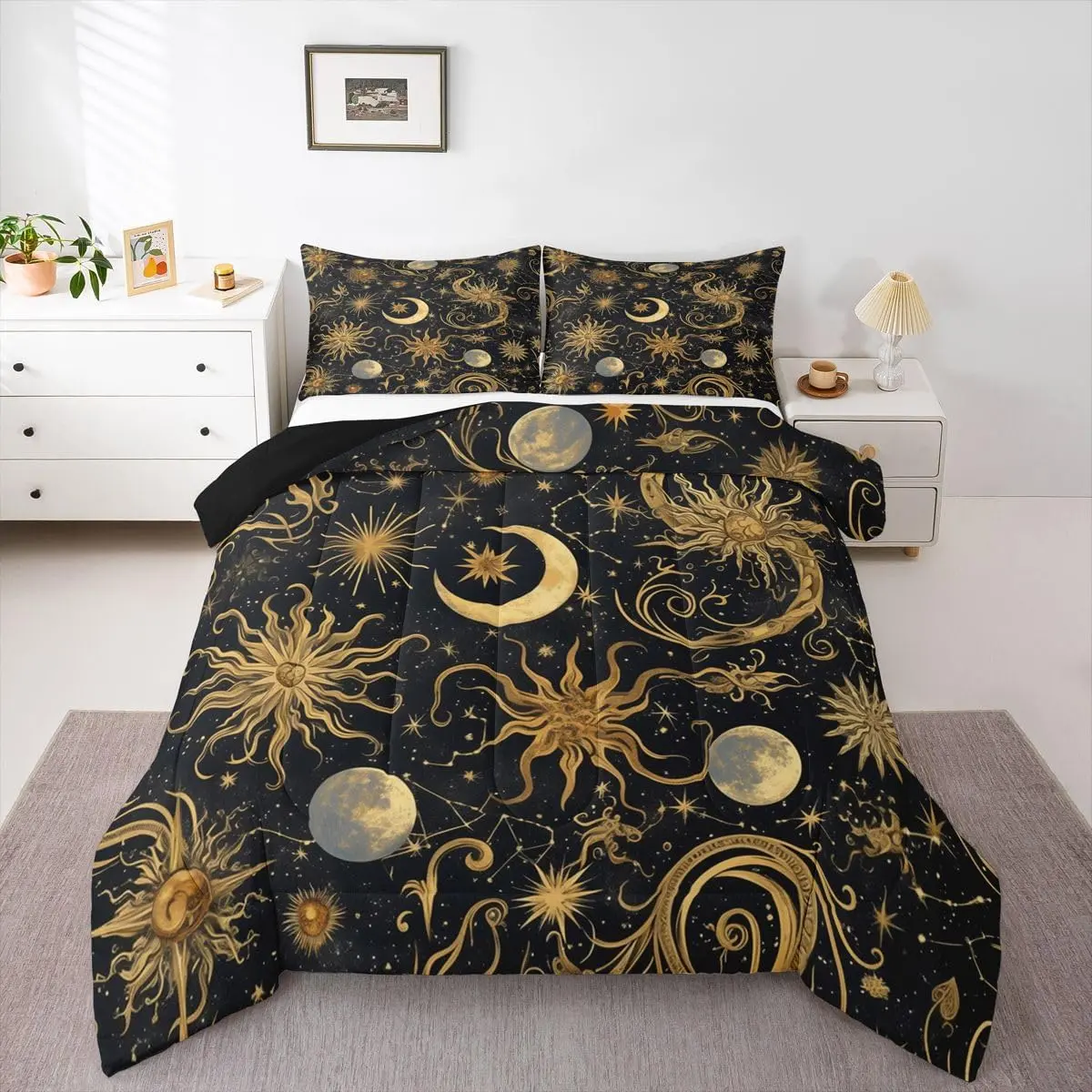 Sun and Moon Bedding Set Soft,Boho Comforter Set Solar Stars Galaxy Duvet Quilt Microfiber Cosmic Bedroom Decor 1