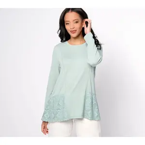 LOGO Linens by Lori Goldstein Scoop Neck Knit Top with Crochet Lace