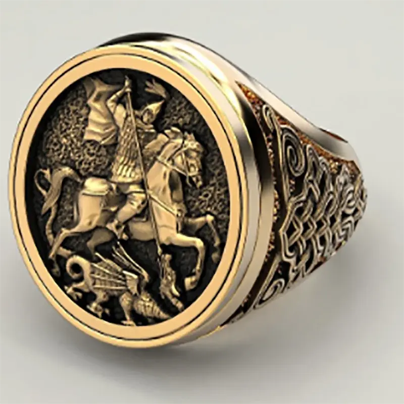 Cool Punk Vintage Engraving Knight Male Finger Ring Two-color Ancient Gold Metal Roman Soldier Malone Ring Fashion Jewelry