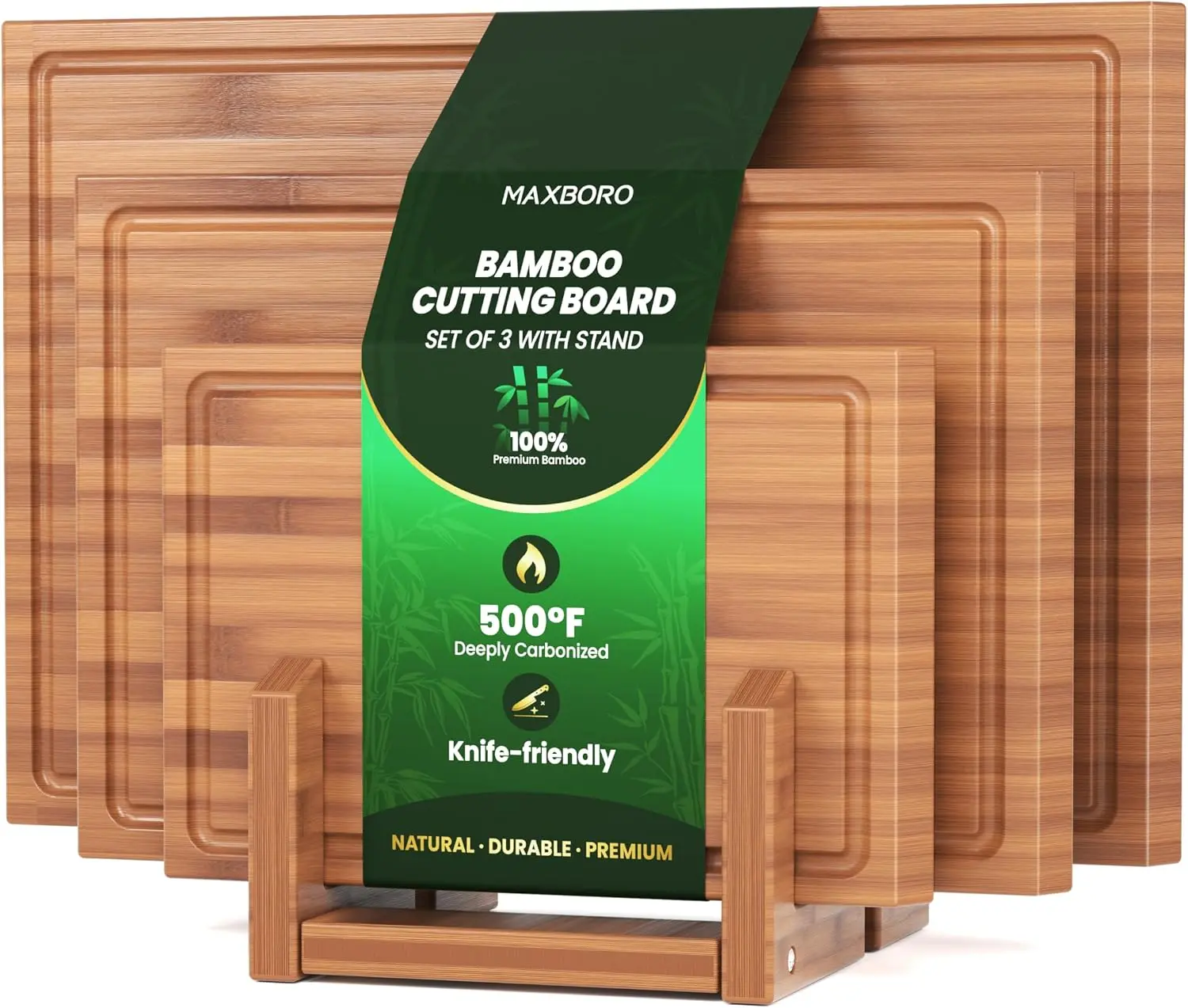 Maxboro Sturdy Bamboo Chopping Board Set of 3, Double-Sided Kitchen Cutting Boards with Stand, Brown