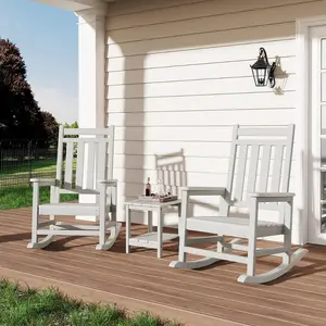 Poly Lumber Rocking Chair Outdoor Set of 2 with Side Table - HDPE High Back Porch Rocker Chairs for Adults - All Weather Resistant Furniture for Patio - White