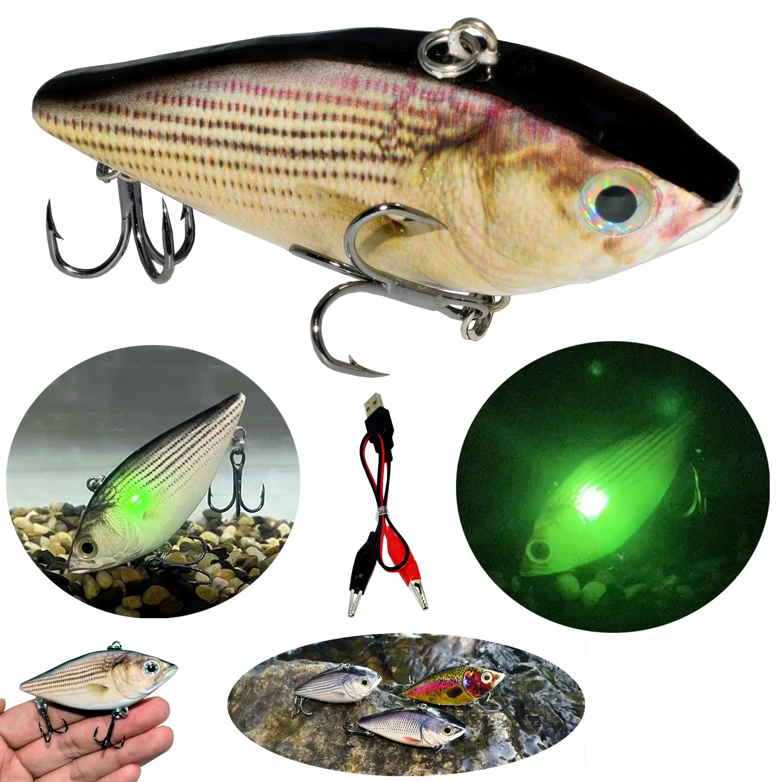 Fishing Lure Bait Swimbait Vibration Electric Minow USB Charge Wobblers Flashing LED Light  Crankbait 3.1inch Vivid Fish Hook