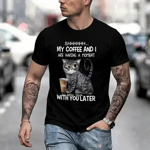 1pc Funny Coffee Cat Print T-Shirt For Men, Fabric, Crew Neck, Short Sleeve, t-shirt
