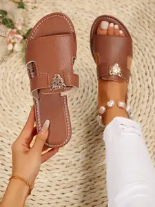 Women's Leopard Head Metal Decor Flat Sandals, Casual Lightweight Summer Beach Shoes, Eva Sole Round Toe Tpr Bottom, Vacation & Daily Wear