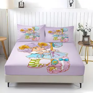 3-Piece Strawberry Girl Pattern Fitted Sheet Set, Soft And Durable Bedding Set Includes 1 Piece Flat Sheet And 2 Pieces Pillowcases, Daily Holiday Birthday Gift Bedroom Decorations For Kids And Adults