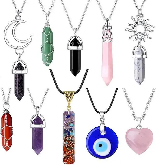 10 Pcs Crystal Necklace Healing Chakra Evil Eye Vintage Boho Hippie Rose Quartz Amethyst Carnelian Moon Sun Gemstone Pendant Spiritual Aesthetic Summer Vibes Natural Crystal Jewelry Gifts for Women